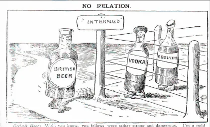 Figure 6: This cartoon, taken from an American Newspaper, illustrates theconviction that British booze was to join Russian Vodka and French Absinthe inbeing unemployed due to the new sobriety encouraged by the war.