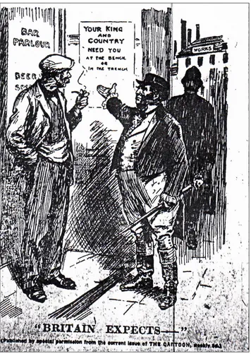 Figure 10: This cartoon illustrates the discrepancy between accepted notions ofservice to the national cause and the continued use of the pub by men from ‘theworks’.