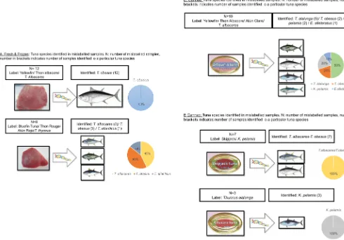 Fig 4. Tuna species identified in mislabelled samples. Fresh and frozen: tuna species identified in mislabelled fresh and frozen tuna samples