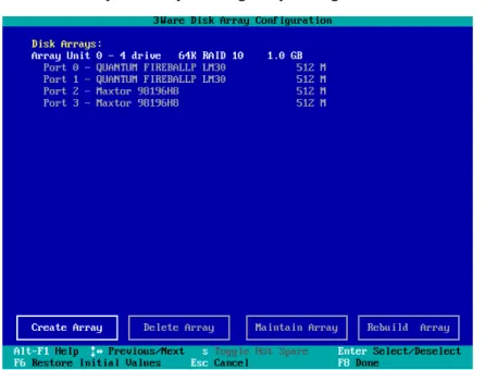 Figure 10.  Disk Array Configuration Main Display, RAID 1 Example Throughout the utility (see Figure 10) use the Up and Down arrow keys to  navigate, Enter to select the disks or buttons and F1 for context sensitive  help