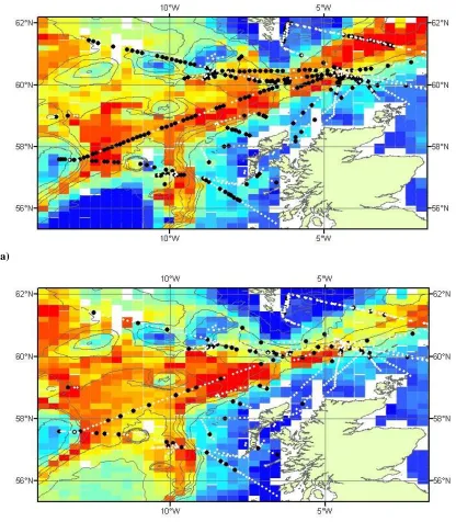 Figure 2.8 - Spatial prediction based on environmental variables available for 14 October 2004 of the probability of detecting delphinid whistles per 20km grid for (a) the best model based on all dots where delphinid whistles (a) or groups of whistles (b) 