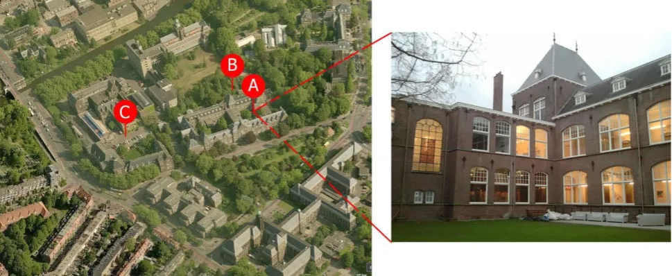 Figure 1: The simulated area as part of the campus of Delft University of Technology (left); the courtyard of Delft Science Centre (right)