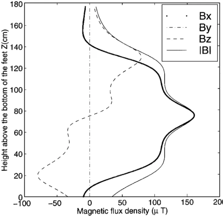 Figure 5 The calculated variation of the magnetic fields for a centrally located vertical line (y = 0) at a distance x = 20 cm from the plane of the EAS panel (see Figure 4).