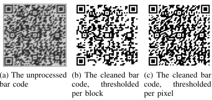 Fig. 4: Code 10 with motion blur (length 11) anduniform noise (sampled fromblurry and noisy bar code (a), nor the cleaned codethat is thresholded per block (b), can be read byZBar [0, 0.6])