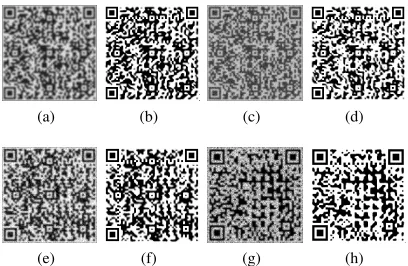 Fig. 5: Examples with Gaussian blur and varioustypes of noise. (a)-(b): unprocessed and cleanedCode 7 with Gaussian blur (size 11, standard devia-tion 11) and Gaussian noise (mean 0, standard vari-ation 0.05), (c)-(d): unprocessed and cleaned Code7 with Gaussian blur (size 7, standard deviation 3)and uniform noise (sampled from [0, 0.7]), (e)-(f):unprocessed and cleaned Code 10 with Gaussianblur (size 7, standard deviation 11) and salt andpepper noise (density 0.2), (g)-(h): unprocessed andcleaned Code 5 with Gaussian blur (size 7, standarddeviation 7) and speckle noise (variance 0.6)