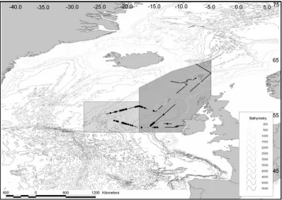 Fig. 12. Encounter rates of groups (a) and animals (c) and average group sizes (b) of common dolphins for 4 bins of sea surface temperature
