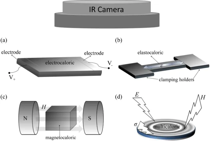 FIG. 10. Schematics of IR measure-ment set-up for direct image of (a)cates its direction), (c) magnetocaloriceffect (the magnets), and (d) multicaloriceffect (electrocaloric effect, (b) elastocaloriceffect (e is strain and the arrow indi-H refers to magnetic ﬁeld fromr indicates uniaxial stress),respectively.
