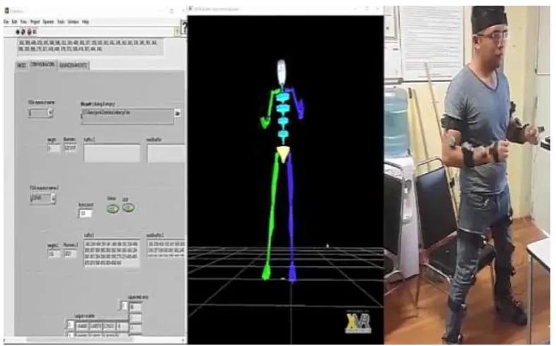 Figure 8. Experimental test using the integration of User Interface, the biomechanical sensors and the  virtual reality scenario