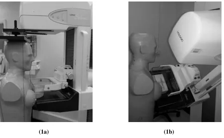 Figure (1) Breast and ATOM phantoms positioned on FFDM machine (a) in cranio-caudal position (b) in medio-lateral oblique position