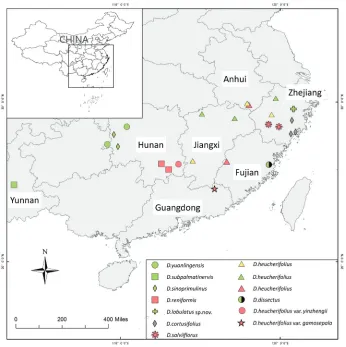 Figure 2. The distribution areas of Section Heteroboea and their Parent material. The different colours represent the different Parent material: red – danxia landscape; yellow – granite landscape; green – karst limestone landscape; nlack – volcanic landscape).