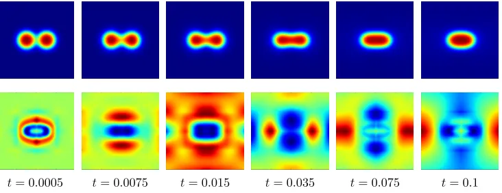 Figure 9: Two merging bubbles in 2D: primal, u (top), dual � (bottom)