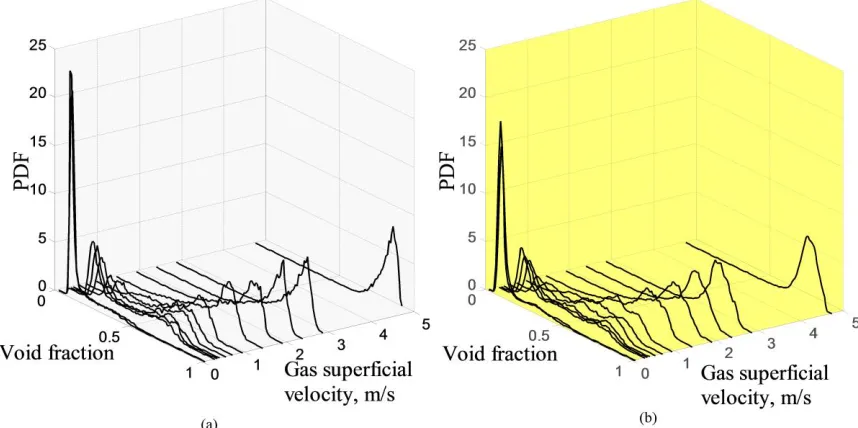 Figure 8: Comparison of 3-D plot of PDFs of void fraction obtained from the (a) ECT and (b) WMS