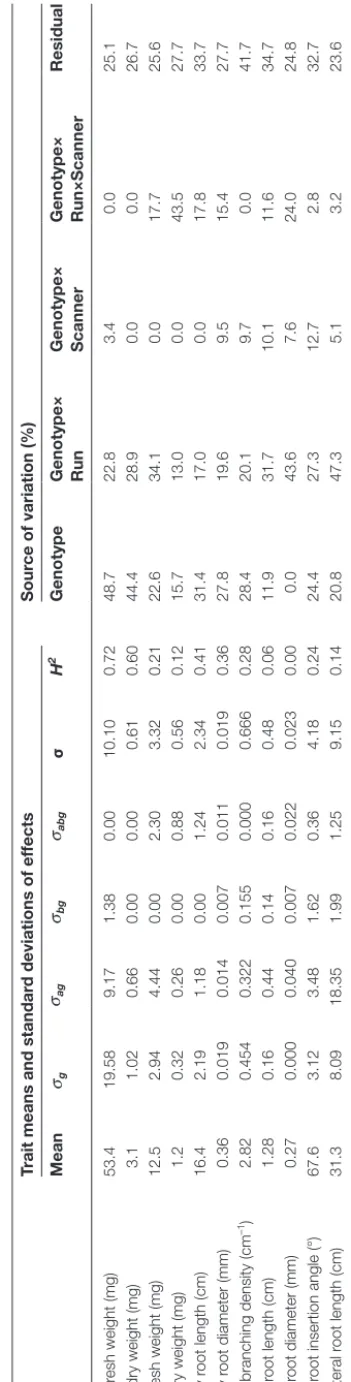 Table 3. Sources of variation and broad-sense heritability in shoot and root traits assayed at 18 DAS among 190 surviving seedlings of the parents (IMB211, R500) and 14 