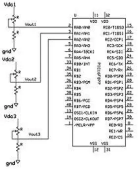 Figure 4.0: connection of the voltage sensing unit to the ADC ports of the microcontroller 