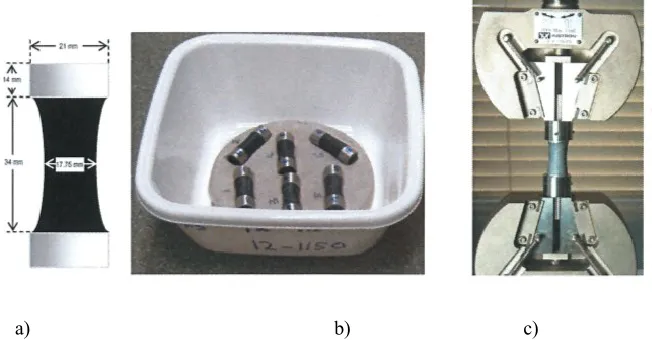 Figure 3.  Asphalt mastic cohesive strength test. a), specimen dimensions. b) Samples in water bath