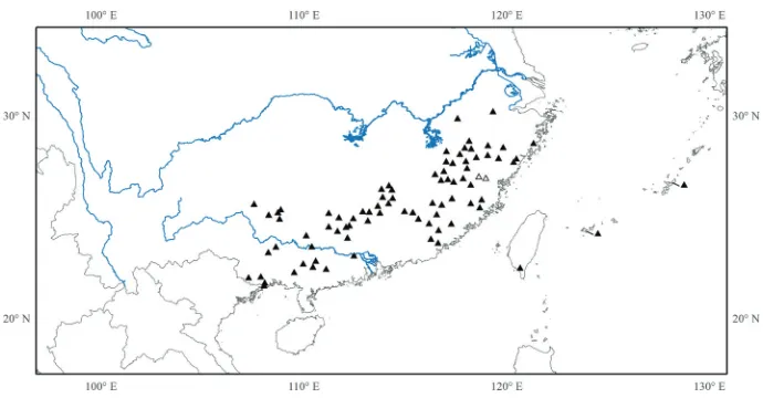 Figure 9. Distribution of Tashiroea. Hollow triangles indicate the locations of Tashiroea villosa.