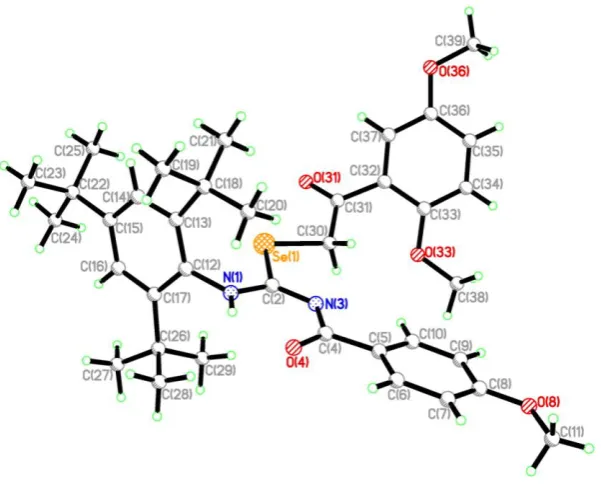 Figure 5.Figure 5.Se(1) 1.895(4)[1.898(4), 1.900(4)], C(2)-N(3) 1.331(5)[1.329(5), 1.323(5)], Se(1)-C(29) 2.021(9)[1.943(4), 1.955(4)], C(29)-C(30) 1.483(13)[1.497(7), 1.489(6)], C(30)-O(30) 1.240(12)[1.187(6), 1.215(5)], N(3)-C(4) 1.350(5)[1.356(5), 1.353