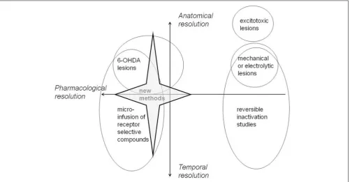 FIGURE 2 | A schematic representation of the anatomical (how preciselylocated), temporal (how well-speciﬁed in terms of duration of action),and pharmacological resolution afforded by the techniques most widelyavailable to study medial prefrontal function i