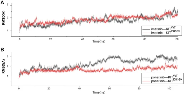 Figure 7. Molecular dynamic simulations of (B)KITWT/ KITD816V-ponatinib interactions. (A) RMSD of KITWT/ KITD816V-imatinib complexes along 100 ns of MD simulations