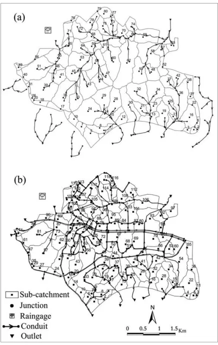 Fig. 4 The conceptualized stormwater drainage system: (a) the sub-catchments of study 
