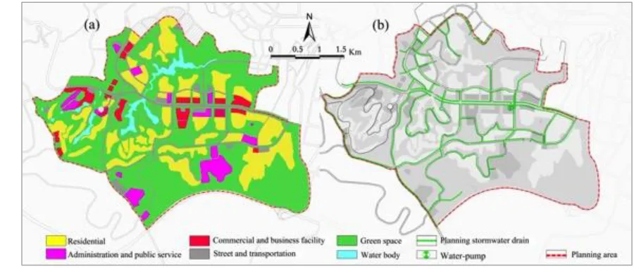 Fig. 2 Planned land use and drainage system of the study area: (a) the regulatory land use 