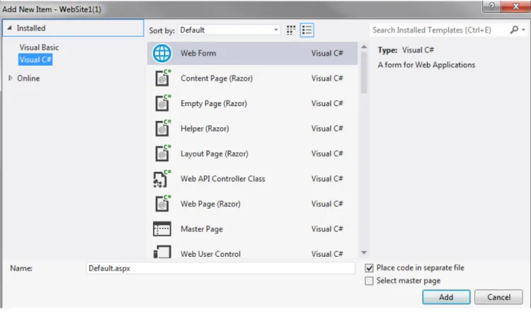 Figure 3b – Adding a Web Form to your Web Site 