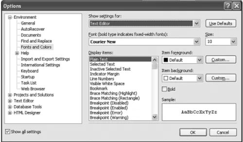 FIGURE 3.7 Specify the fonts, sizes, and colors of the text used in Visual Web Developer.