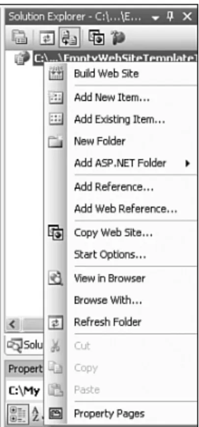 FIGURE 3.3 To add a new file or folder, right-click on the website name in the Solution Explorer.