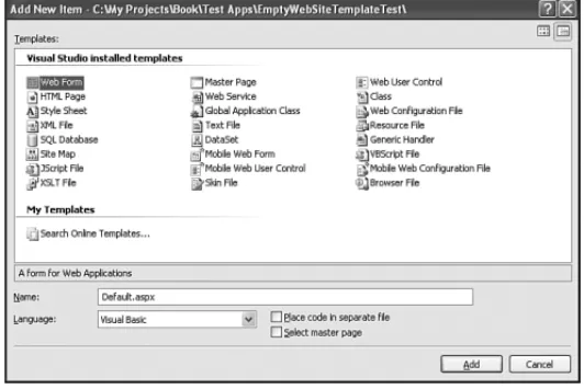 FIGURE 3.4 The Add New Item dialog box allows you to choose the type of file to add.
