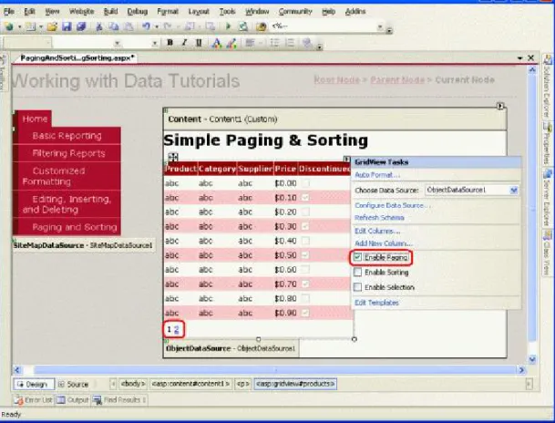 Figure 7: Check the Enable Paging Checkbox to Add Paging Support  Enabling paging limits the number of records shown per page and adds a paging interface to the GridView. The  default paging interface, shown in Figure 7, is a series of page numbers, allowi