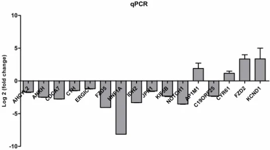 Figure 4. qPCR validation. Expression of 16 genes was investigated in COLO741 and LS174T cell lines by qPCR