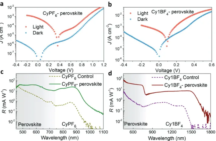 Figure 3. Comparison of device performance. a) Light and dark current density–voltage (c) Responsivity of photodiodes based on dye CyPFSupporting Information, and d) responsivity of photodiodes based on dye Cy1BFJ–V) curves of photodiodes based on CyPF6 an