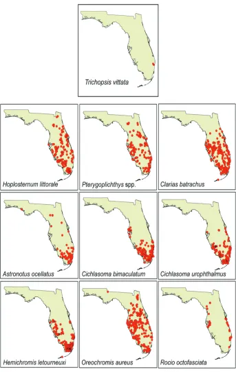 Figure 1. Geographic range of selected non-native fishes in Florida. Occurrence data (red dots) are from USGS-NAS (2014).