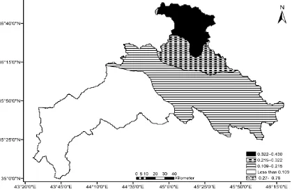 Figure 4.11  The spatial distribution of the worst drought that occurred over the Lower Zab River Basin during the water year 2007/2008 