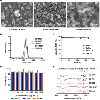 Figure 1. Design and characterization of CL-MOF, GS5-MOF and GS5-NS nanoparticles. GS5-MOF nanoparticles are cuboidal carriers with uniform sizes (200 nm), good cytocompatibility and stability