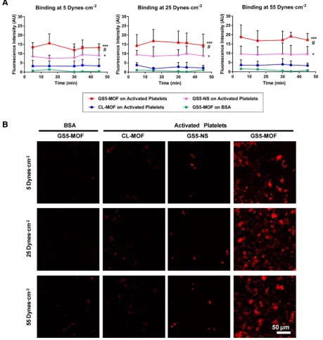 Figure 2. In vitro binding of CL-MOF, GS5-NS and GS5-MOF nanoparticles to activated platelet-coated surfaces versus platelet-deficient surfaces under flow conditions