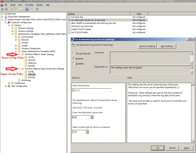 Figure 1: Update Snare Agents Network Settings through Agent Group Policy and Super Group Policy
