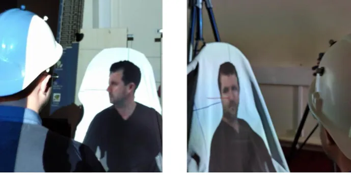 Figure 4: Participant wearing the tracked hat, front view (LHS) and looking to the  right (RHS)