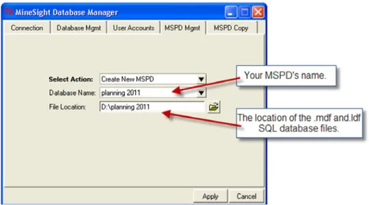 Figure 5 Creating a new MSPD database through the MSPD Manager will automatically add all the attributes and  tables MineSight needs.