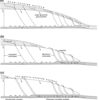 Figure 2.1: Development of subglacial drainage system (a) May-June, (b)July and (c) August-September (Brown, 2002).