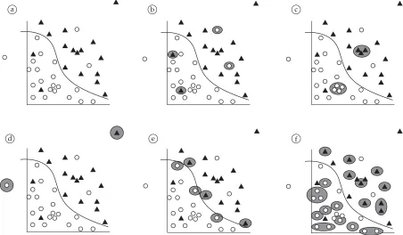 Figure 1. Different types of noise present in data sets: a) Simple data set; b) Mislabeled cases; c) Redundant data; d) Outliers; e) Borderlines; and f) Safe cases22.