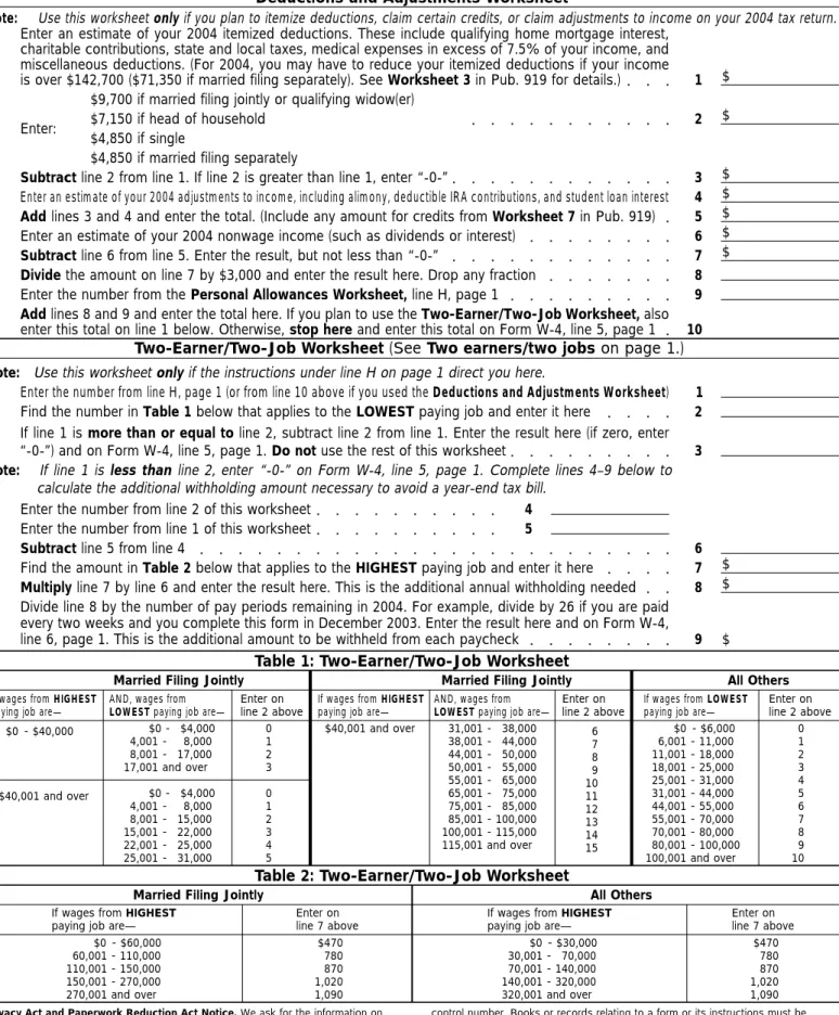 Table 1: Two-Earner/Two-Job Worksheet