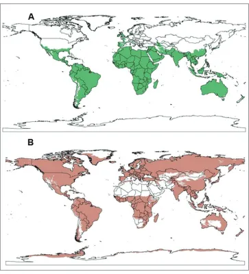 Figure 2. Cold and dry exclusions based on one or more occurrence of minimum temperatures of -10 °C (A) and annual precipitation less than 254 mm (B).