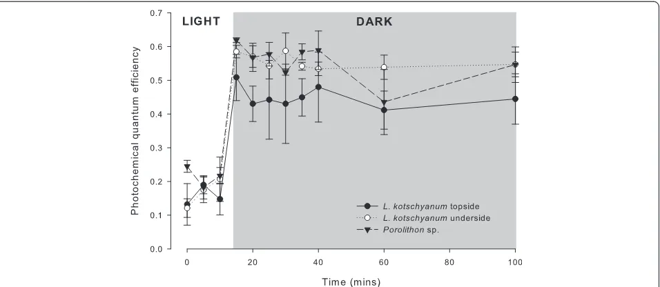 Figure 1 Dark acclimation ofcrusts (black triangles). Darkness occurred at 14:50, thus the measurement at 15 minutes represents 10 second of 'quasi' dark-acclimation