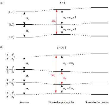 Figure 2.5 First- and second-order effect of the quadrupolar interaction on the Zeeman 