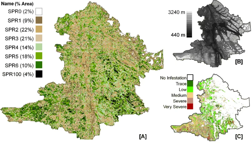 Fig. 5: Map of spatial pattern regions – SPR [A], across the Prince George and Quesnel Forest Districts in British Columbia, Canada