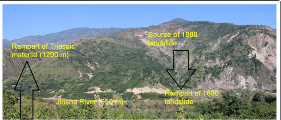 Figure 2 Photograph of part of palaeo-landslide rampart on eastern (Yunnan) side of river (far left, indicated by left arrow).landslide mass originates from the western (Sichuan) side of the river, behind the observation point for the photograph