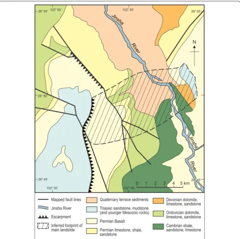 Figure 3 Simplified geological map of study area indicating inferred footprint of landslide
