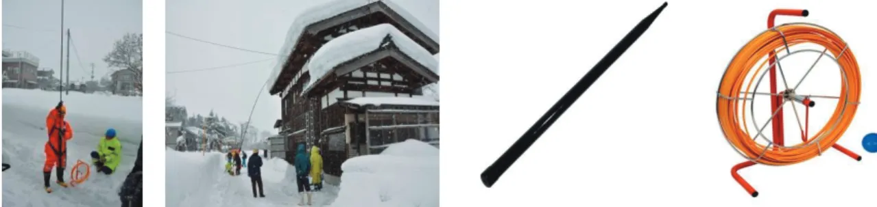 Figure 2. (Left) Rakubo at work in rooftop snow removal. (Right) Rakubo stick, pilot line