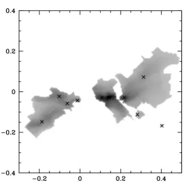Figure 5.4: A clump-ﬁnd with identical parameters to the standard PP clump-ﬁnd carried out on thesimulated data projected into the xz plane instead of the xy plane
